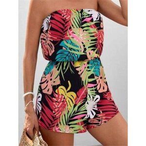 Floral Print Strapless Elastic Waist Romper